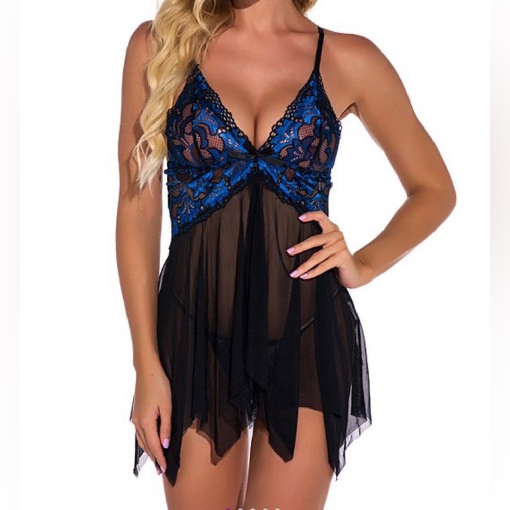 Blue & Black Sheer Lace Flyaway Babydoll & G-String